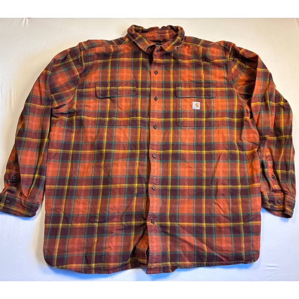Carhartt 3XL Loose Fit Heavyweight Flannel Plaid Button Up Shirt Orange Fall